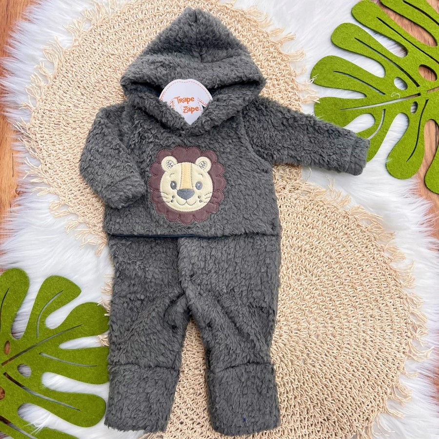 Macacão de Pelinho Sherpa Leão com Capuz - Grafite